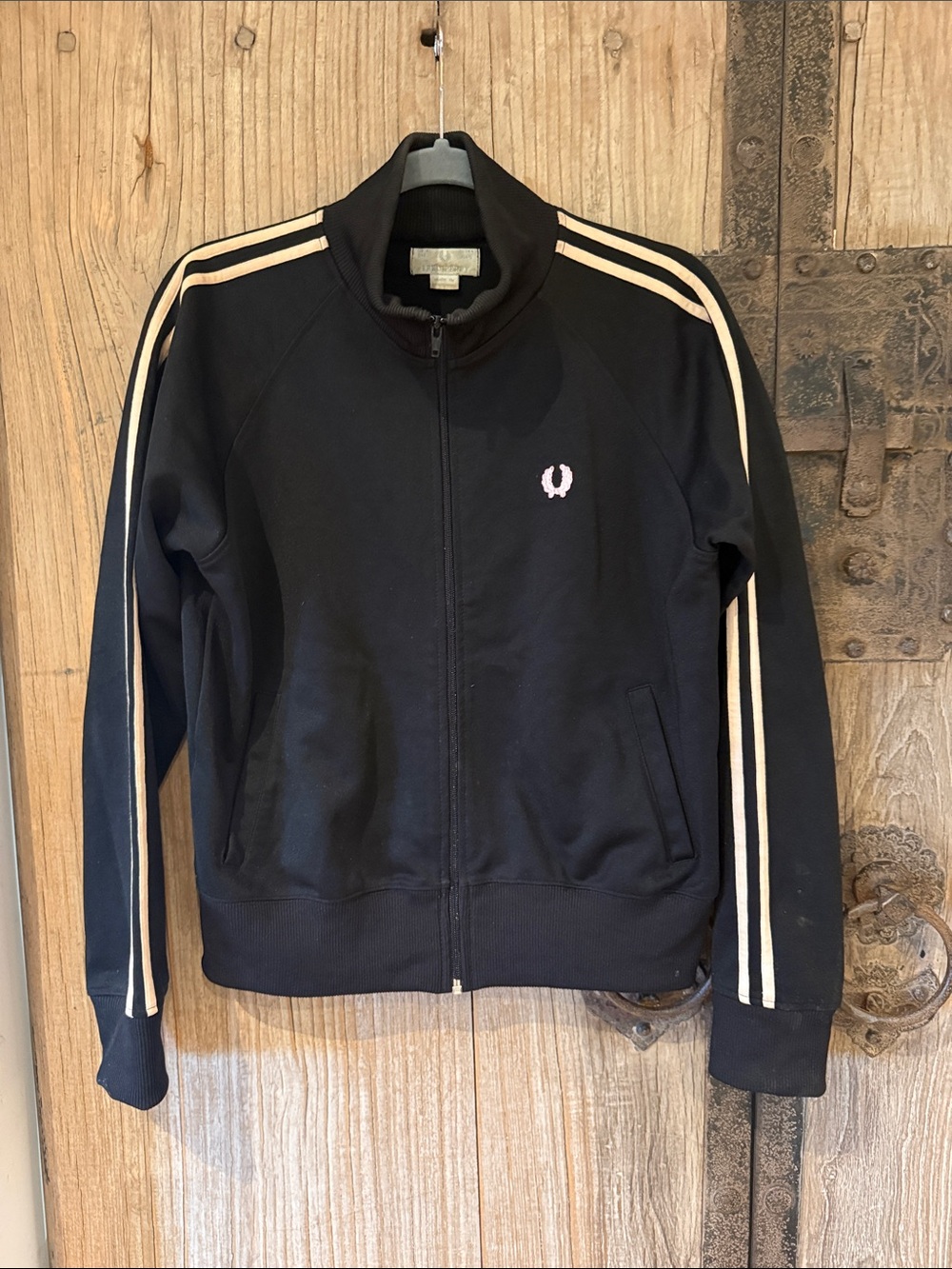 Vintage Fred Perry Black Track Jacket with Cream Stripes (mid 90s)